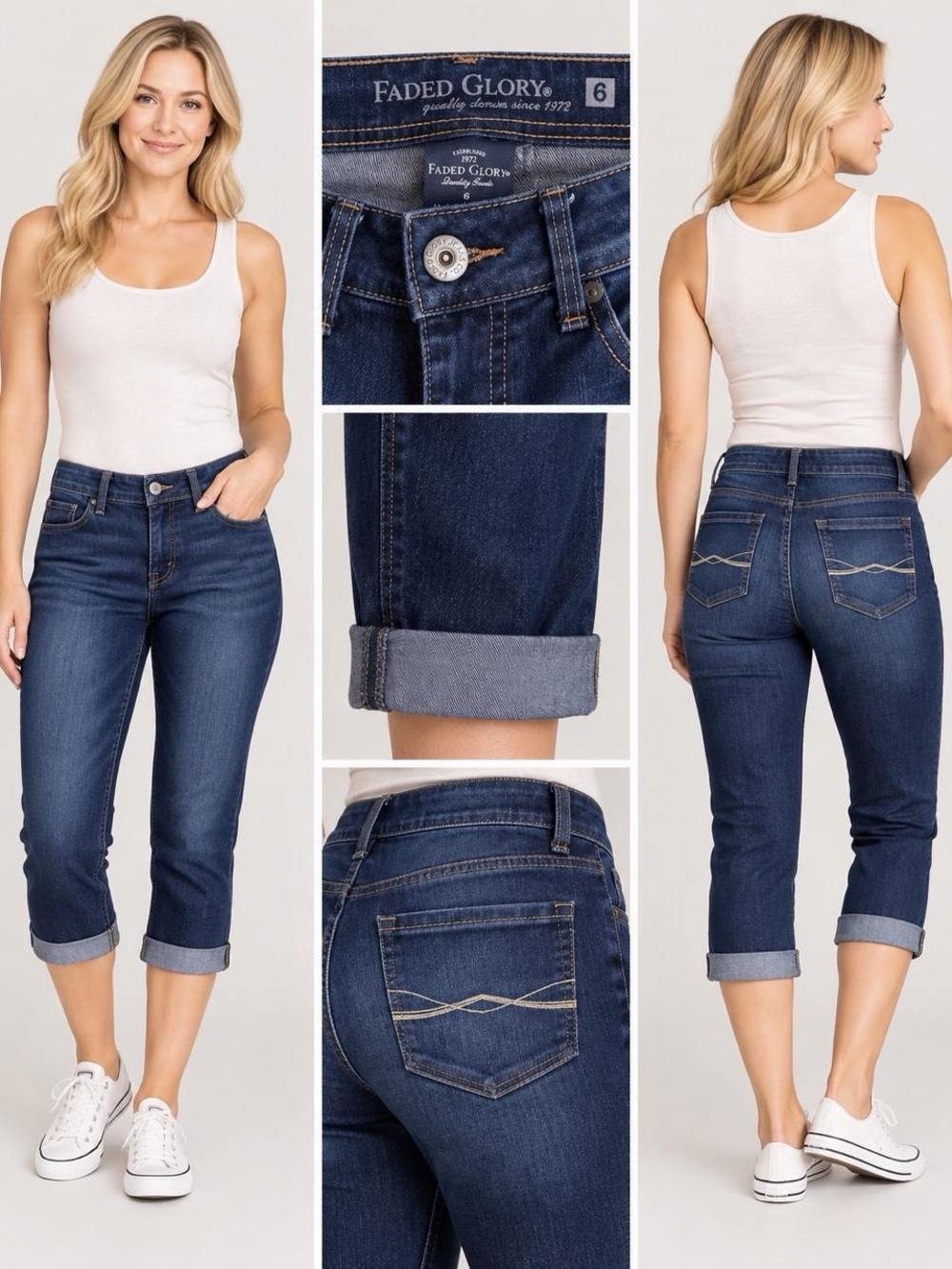 Faded Glory Dark Wash Cuffed Capri Jeans Size 6